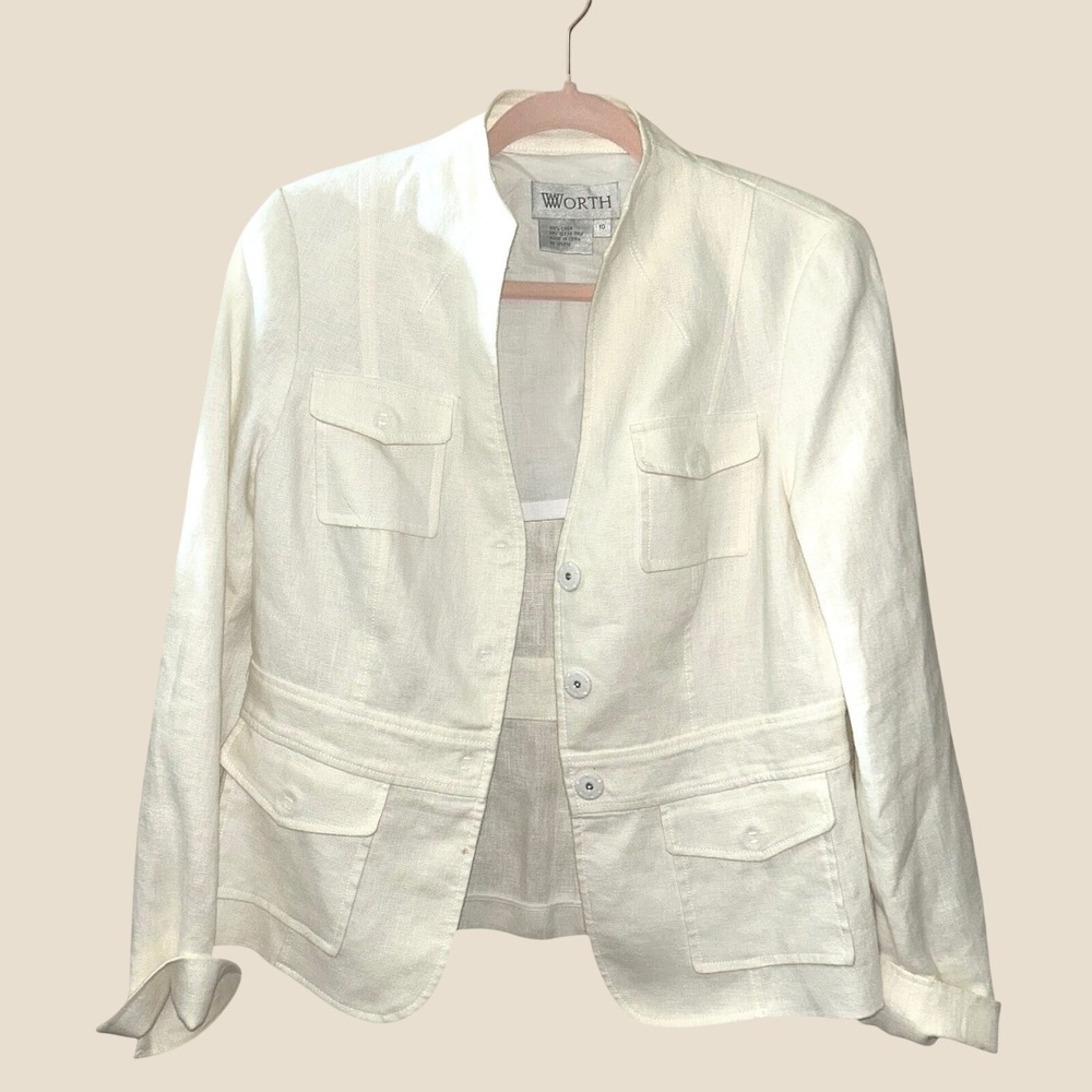 Worth New York Women 10 Ivory 100% Linen Utility Blazer Jacket Snap Front Pocket